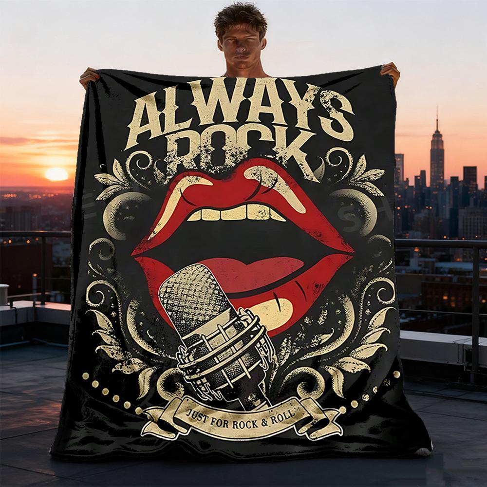 1pc Rock and Roll Outdoor Flannel Blanket, Lightweight Warm Cozy for Travel Camping Office Soft Polyester Fabric