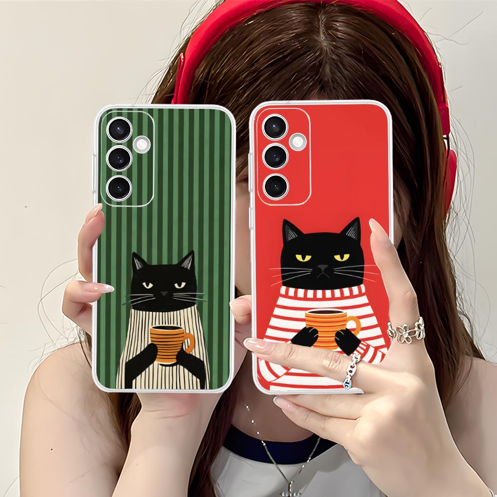 Cute Coffee Cat Clear Mobile Phone Case for Samsung Galaxy S25 S24 S23 S22 S21Plus FE Ultra Colorful Cover