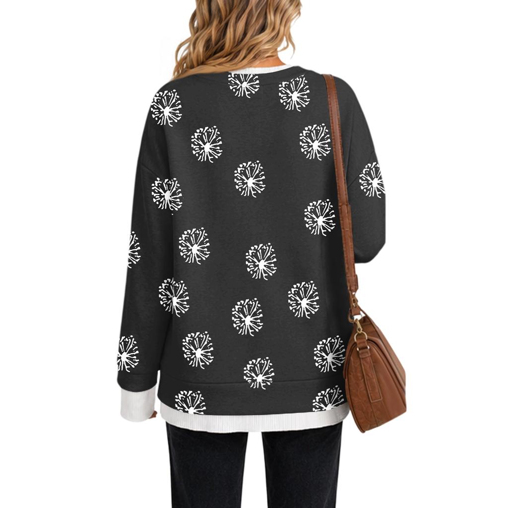 Women's Casual Long Sleeve Polka Dot Pullover Top Two Piece Neck Blouse
