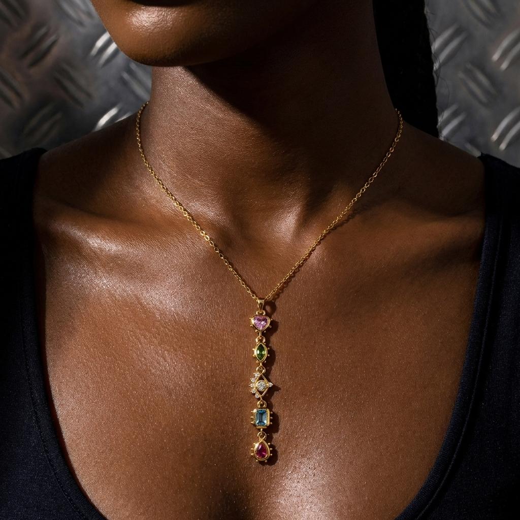 Stainless Steel Colorful Rhinestone Long Pendant Necklace for Women Zircon Eye Sun Moon Water Drop Choker Party Wedding Jewelry