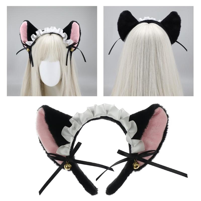 Damen Katzenohr Spitzenkopfschmuck mit Schleife Liebliches Spitzen-Katzenohr-Stirnband Cosplay Engelskopfschmuck Foto-Requisiten