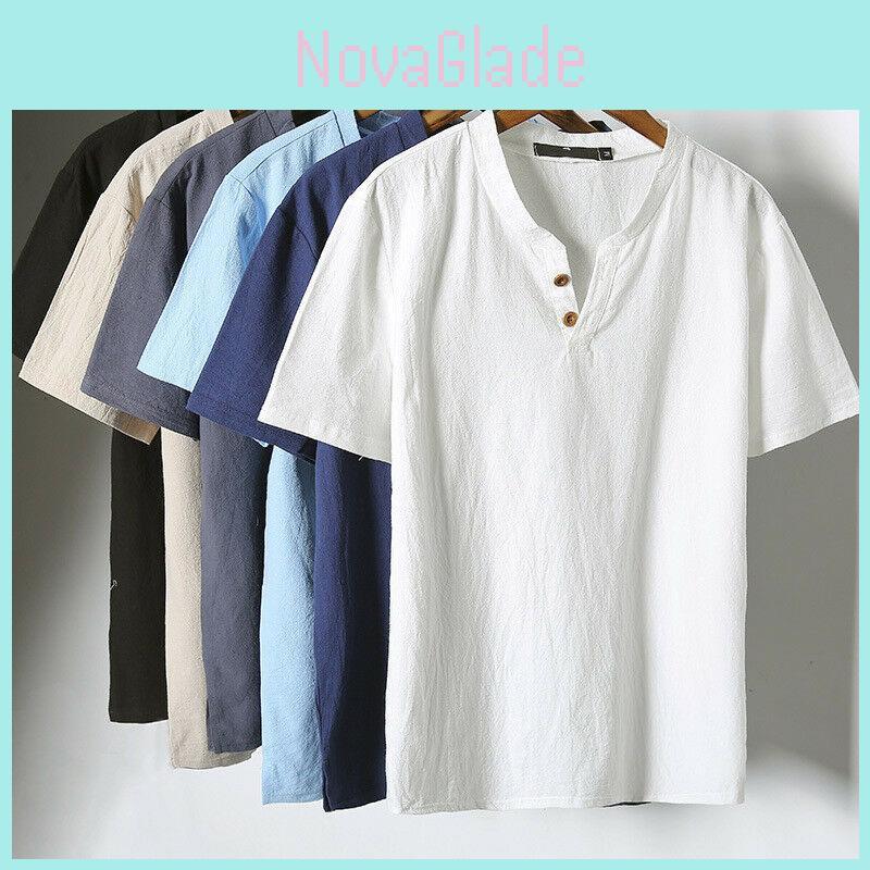 Timeless Design Men Brief T-shirt Summer V-neck Cotton Linen Blouse Top Tee Shirt Plus Size