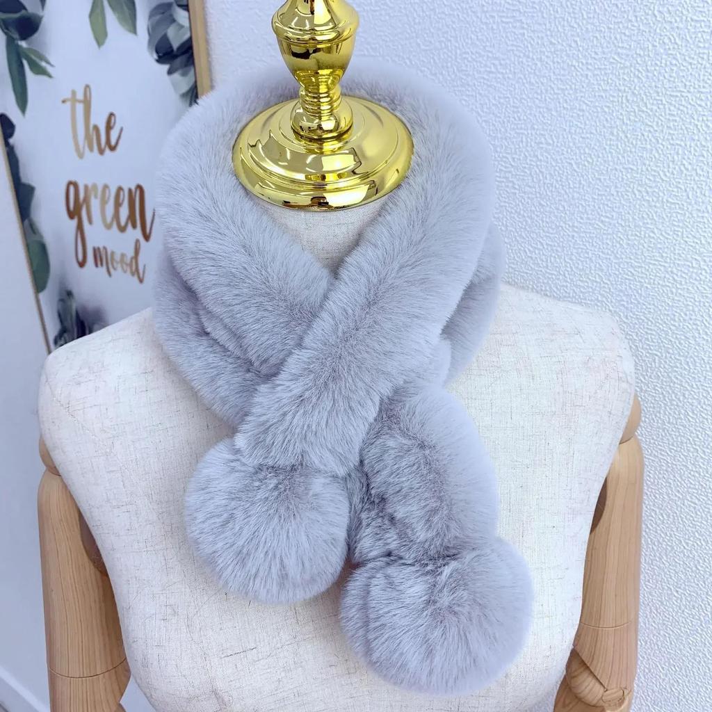 Girl's Autumn and Winter Fur Rabbit Plush Thick Warm Scarf Fashion Solid Color Fur Ball Cross Student Clothes Accessories