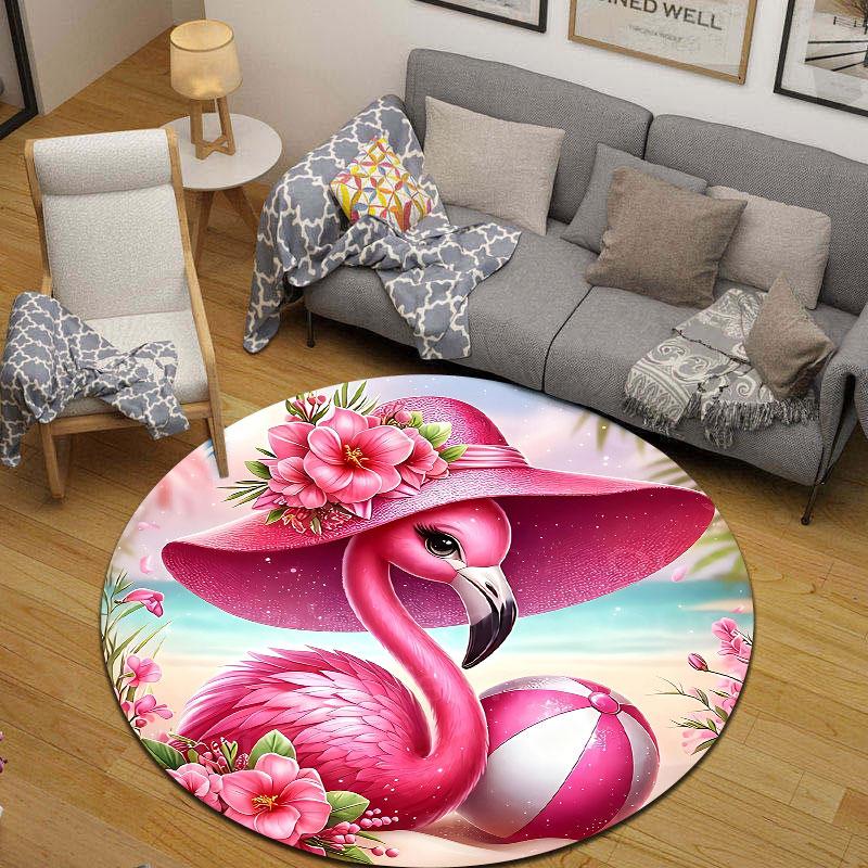 Luxury Round Flamingo Pink Area Rug, Non-Slip Floor Mat for Bedroom