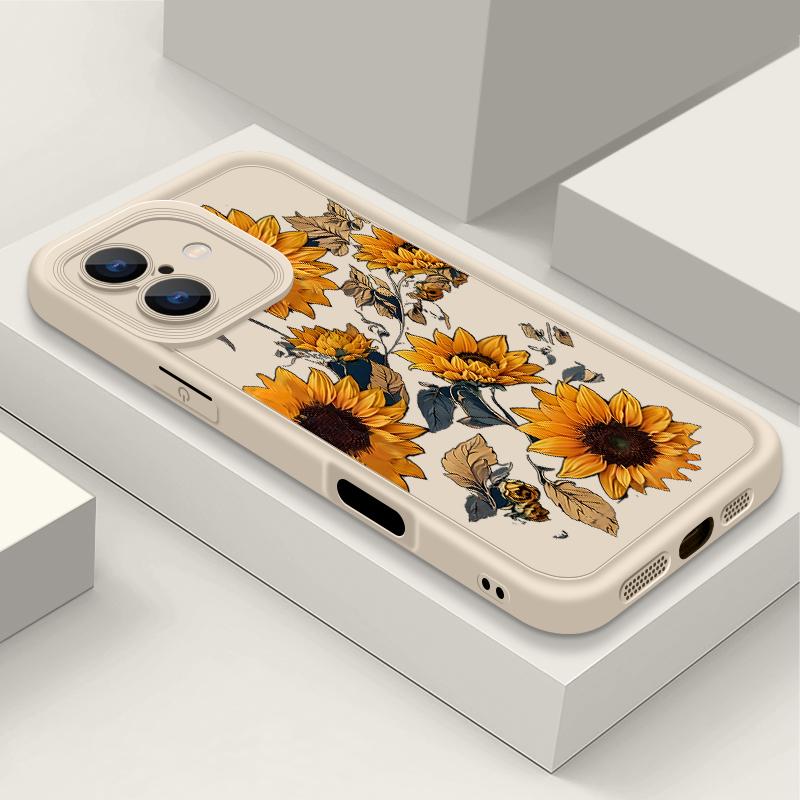 

Чехол с узором подсолнухов для iPhone 16 Pro Max 16e 15 14 13 12 11 XR XS 8 7, цветной ударопрочный мягкий силиконовый чехол для телефона с узором цветов iPhone 15 бежевый/белый