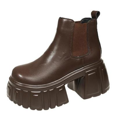 Mode 9CM Hakken Winter Dames Leer Chunky Enkellaarzen 2025 Herfst Hoge Platform Laarzen Vrouw Dikke Zool Antislip Motorlaarsjes