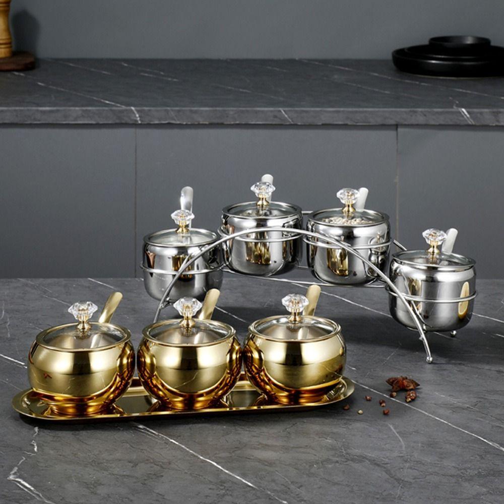 Stainless Steel Condiment Jar Set Light Luxury Spice Organizer Salt Storage Container Countertop