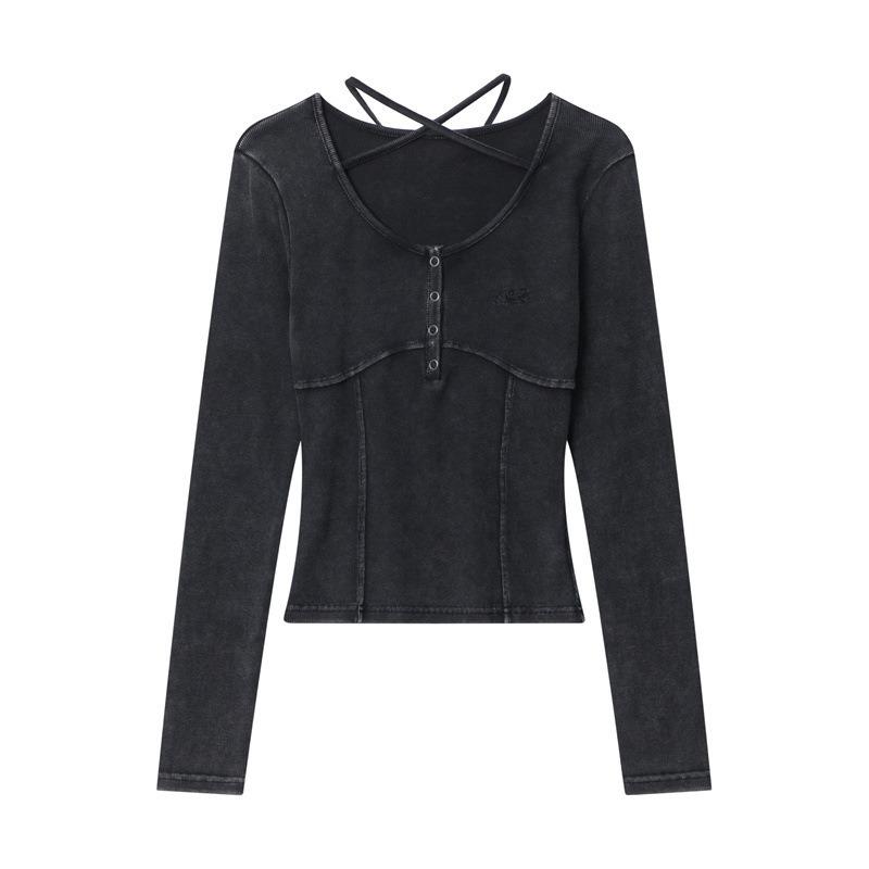Spring Women's New Spice Girl Style Solid Color Embroidered Strap Long Sleeve Low-neckline T-shirt