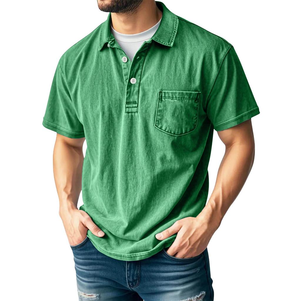 Men's Summer Solid Color Vintage Button Lapel Pocket Short Sleeve Shirt Tops