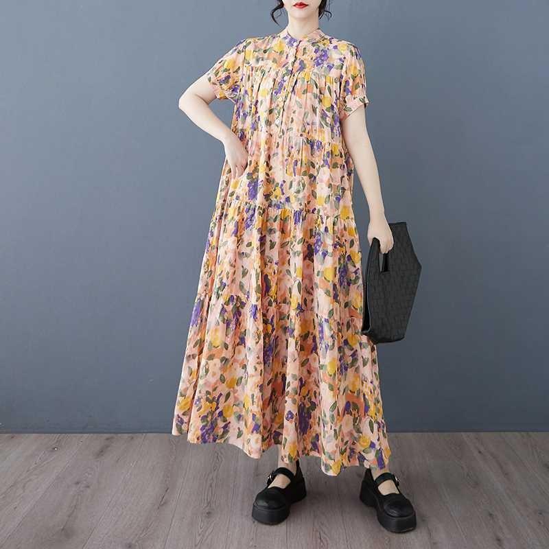 Cotton 2025 Summer Women's Loose Large Size Fashion Printed Long Dresses
