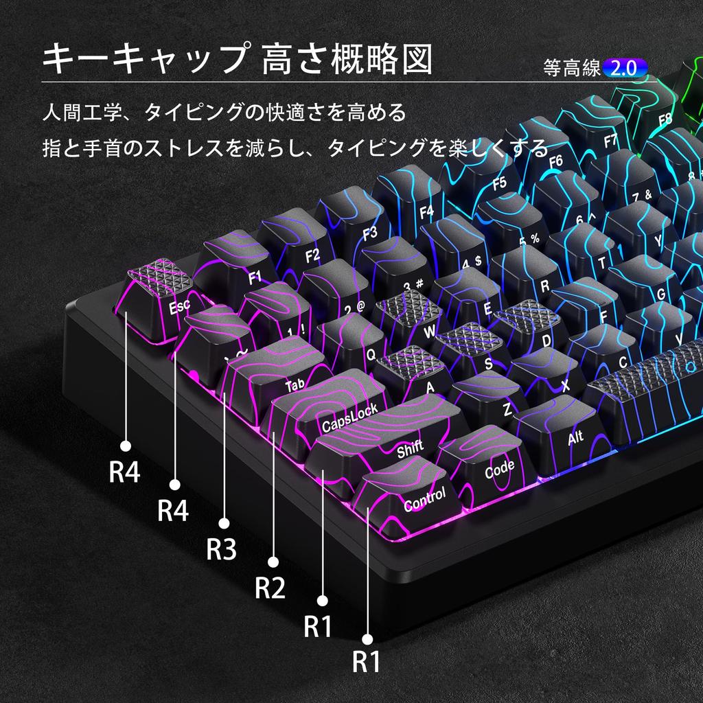 XVX Topographic Design Contour Transparent IMD Custom OEM MX Keyboard Gaming Black 2.0 Keycaps, Engraving, Profile, Cherry/Gateron Compatible,