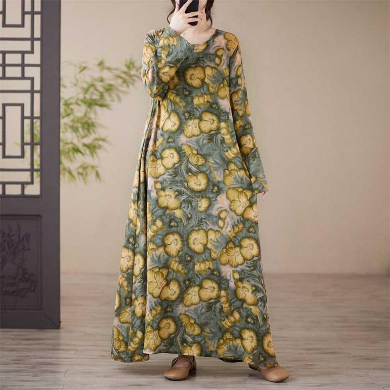 Loose Printed Round Neck Long Sleeve Dress Women's Long Dresses