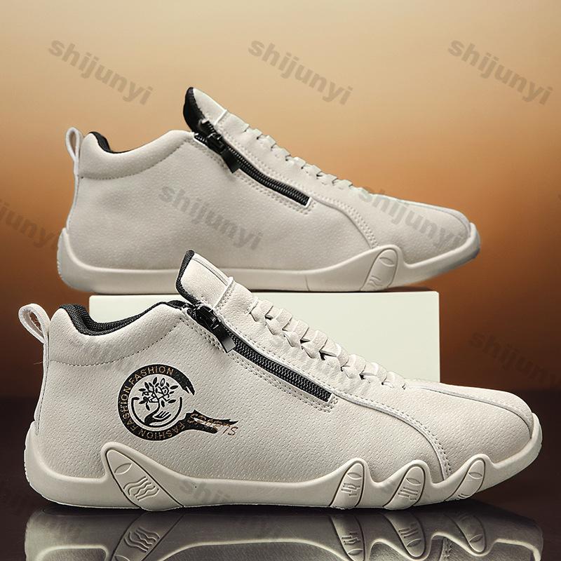 Fashion Men Comfort Casual Sneakers Man Winter New Fashion Leather Casual Shoes Men High-top Slip-on Zipper Running Shoes Anti-slip Shoe