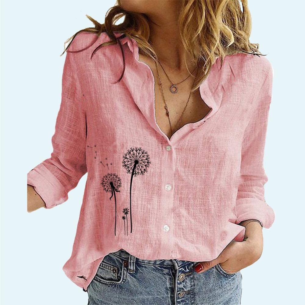 Women Fashion Floral Printed Blouses Female Lapel Neck Cotton Linen Top Casual Loose Buttoned Long Sleeve T-shirt