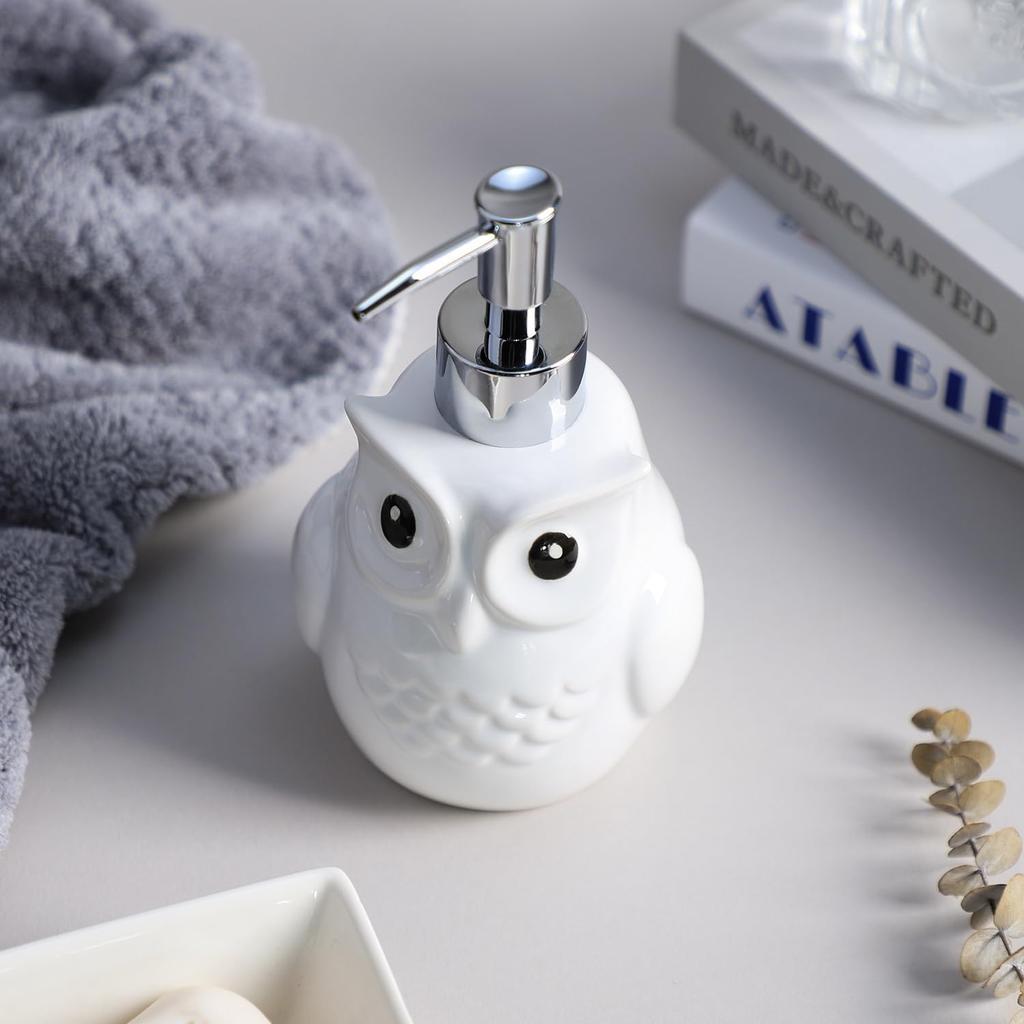 Bicuzat Ceramic White Owl Shaped Soap Dispenser with Plastic Pump, Body Lotion Soap Bottle, Hand Soap Dispenser for Bathroom Kitchen Countertop