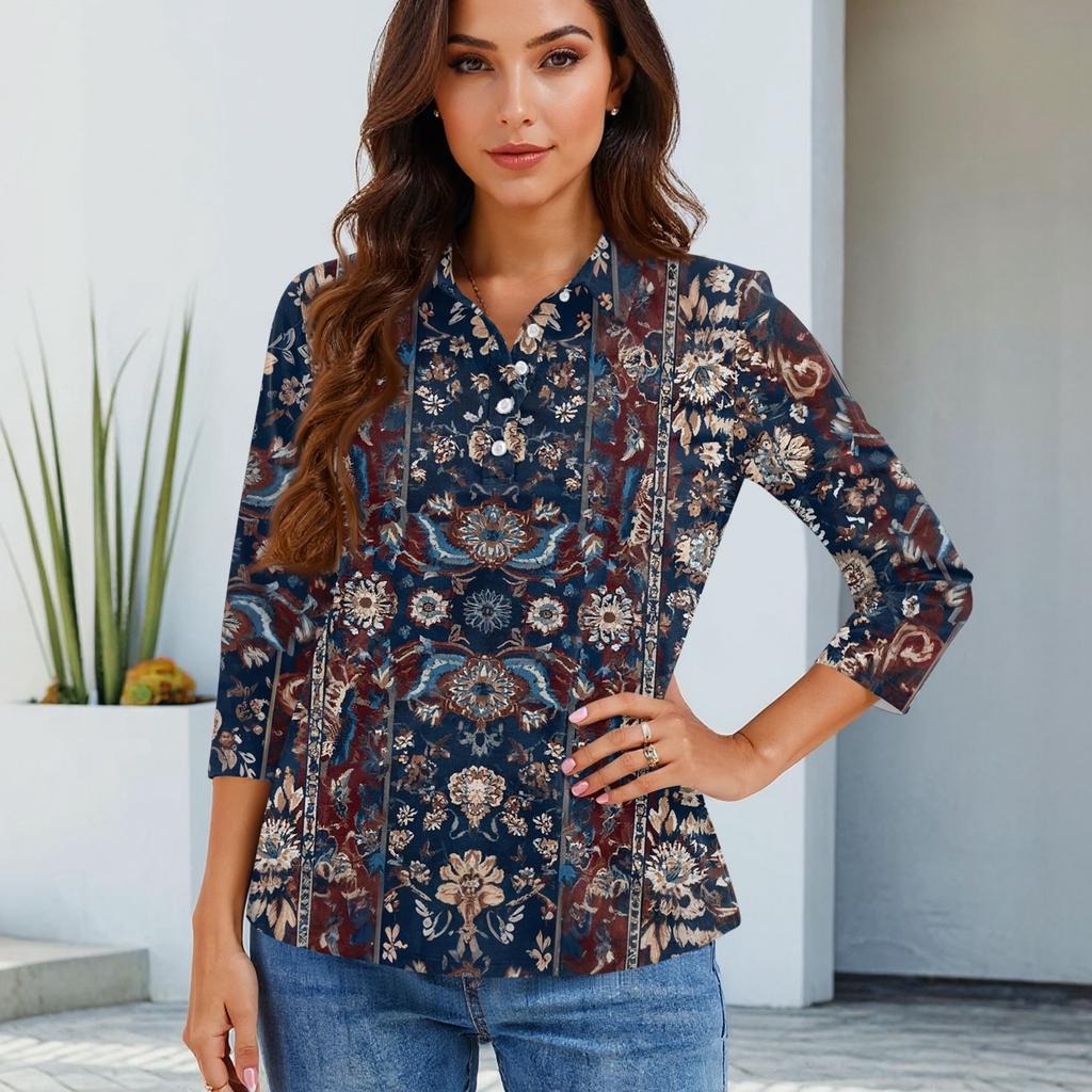 Women's Fashion Casual Lapel Short 3/4 Sleeve Print Shirt Women's Button Up Tops