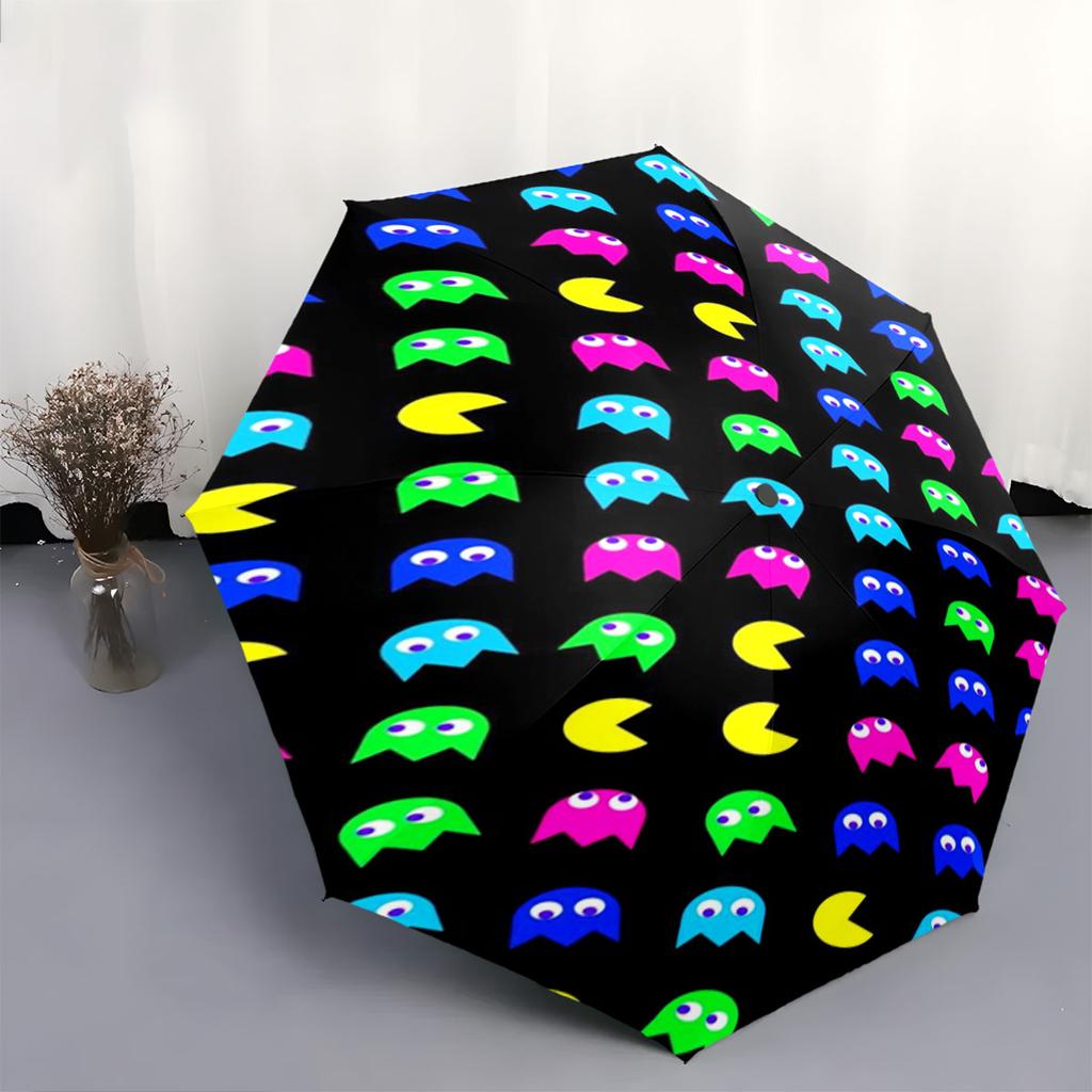 Cartoon Pac-Man Theme Umbrella Compact Portable Folding Umbrella Anti-UV Sunshade Rain Umbrella for Gift