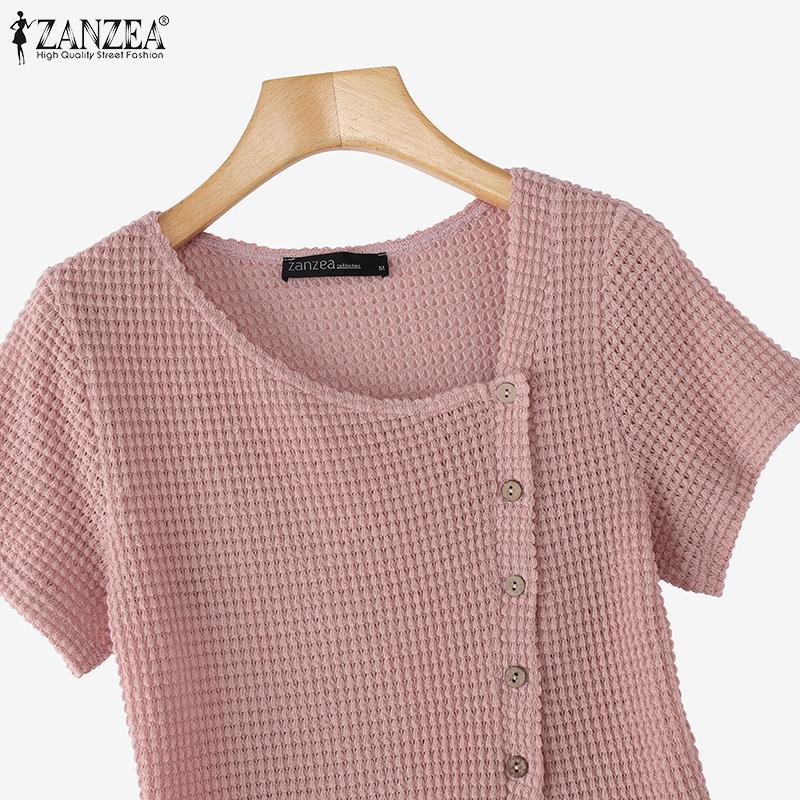 ZANZEA Womens Summer Round Neck Casual Short Sleeve Blouse