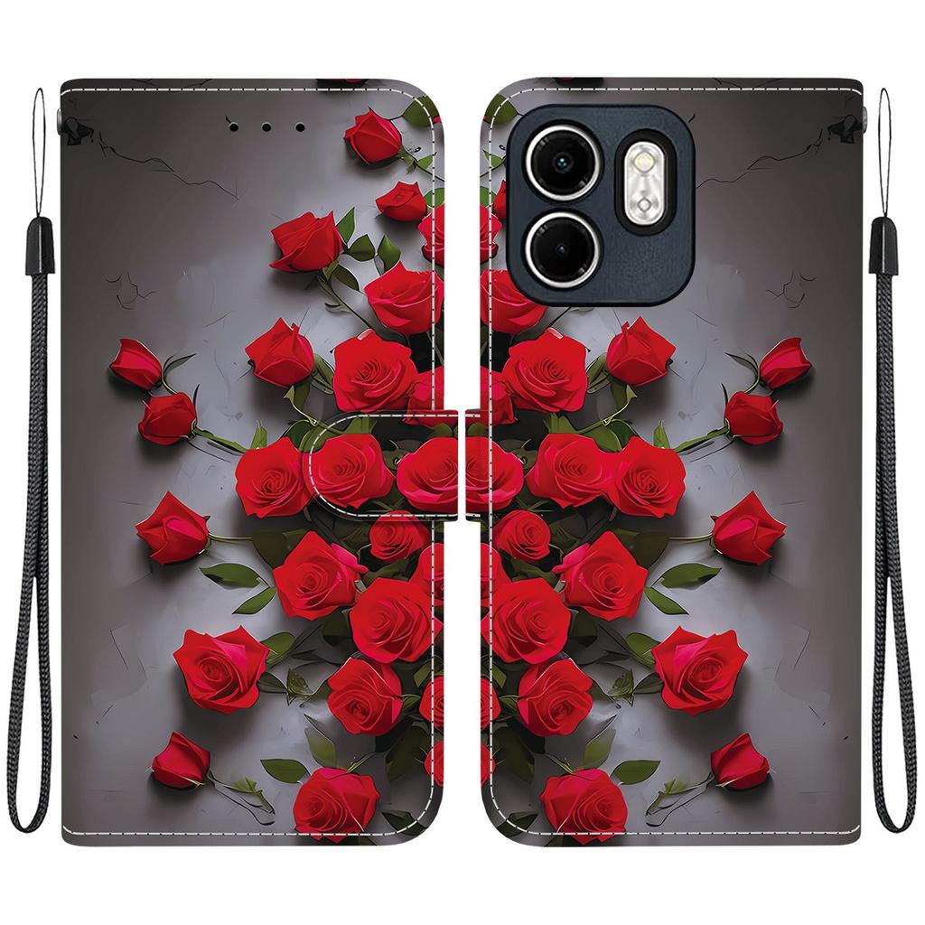 Ručně vyráběné PU kožené flipové pouzdro pro Infinix Smart 9 (X6532) Protiskluzový nárazuvzdorný kryt s poutkem na zápěstí a designy srdce/růže a kočky