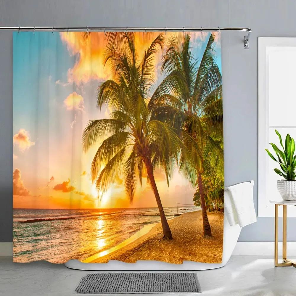 1PC Green Tropical Plants Shower Curtains for Bathroom Polyester Seaworld Shower Curtain Printing Curtain Beach Shower Curtains