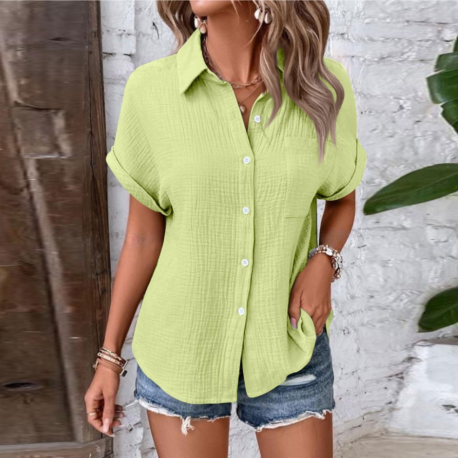 

Женские рубашки на пуговицах с коротким рукавом, повседневная рубашка с воротником, свободные блузки, однотонные топы с карманом M