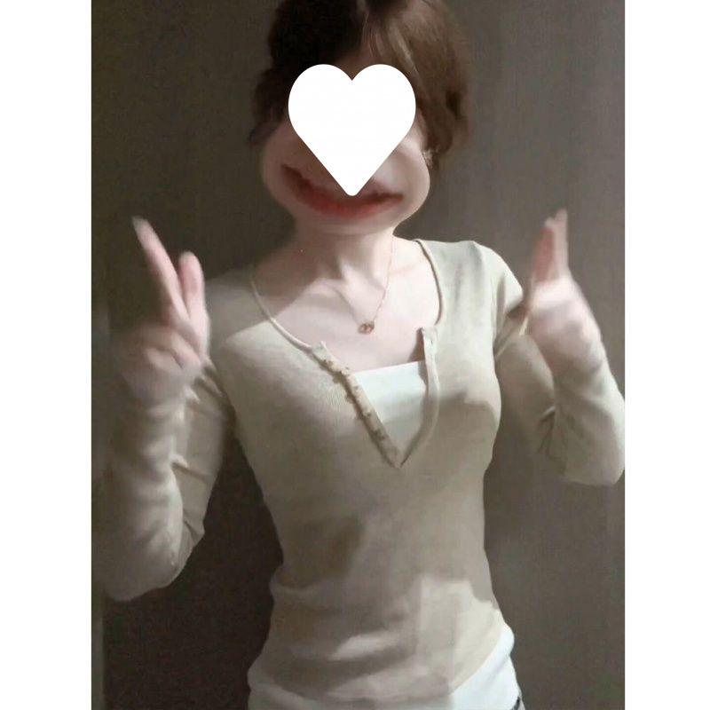 

Women s Slim V-Neck Fake Two-Piece Long-Sleeve Top - Short Style, Pure, Sexy Autumn Layer for Hot Girls M (70-90 jin)