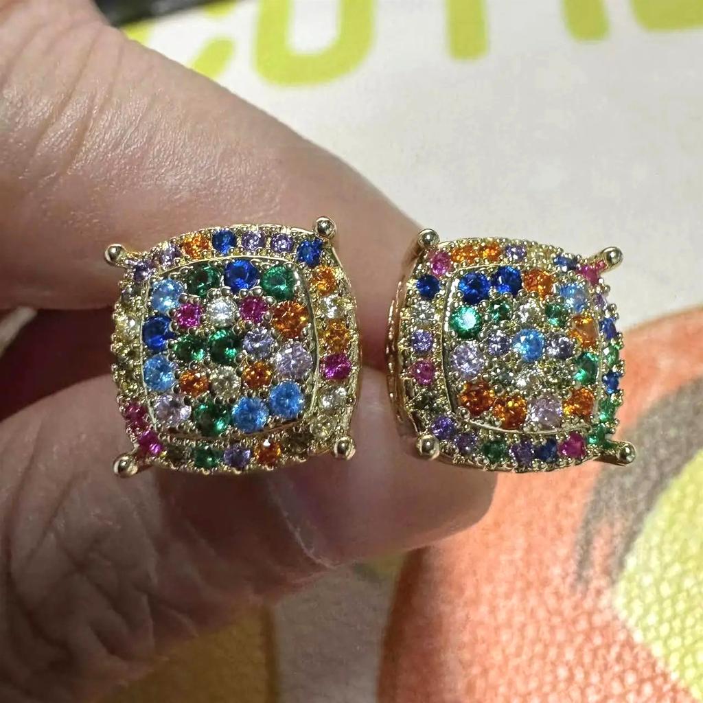 Luxurious Colored Synthetic Zirconia Inlaid Square Stud Earrings Women's Exquisite Elegant Banquet Wedding Jewelry Gifts
