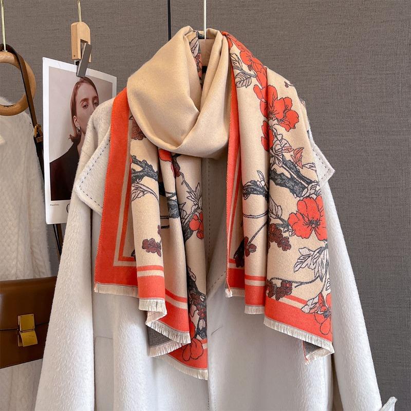 Autumn new medieval flower and plant printed scarf autumn and winter warm soft and skin-friendly versatile shawl scarf women