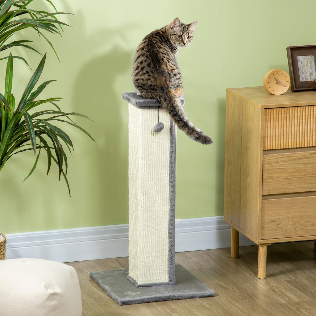 Cat Scratching Post with Ball, Sisal Pole and Plush Cover, 41x41x81 Cm, Grey