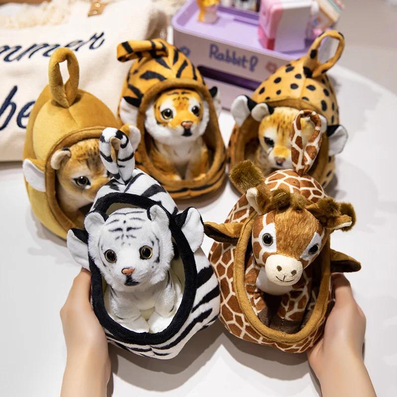 New 18cm Stuffed Simulated Animal Plush Nest Small Tiger Leopard Giraffe Lion Dolls Plushie Birthday Present Throw Pillow