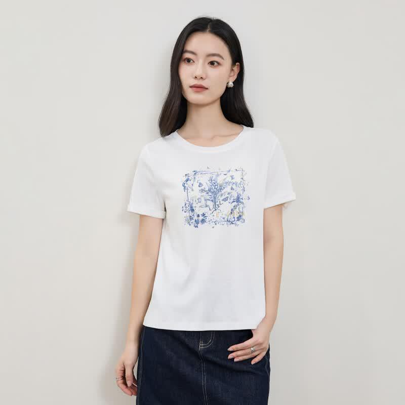 ESE-Y Women s Silk Cotton Linen Printed Short Sleeve T-Shirt XL