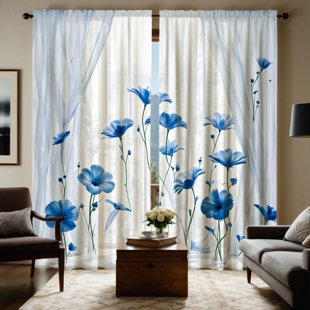 2 Pieces of HD Plain Blue Flower Decoration Curtain White Digital Printed Curtain Home Decoration Style Decoration Living Room B