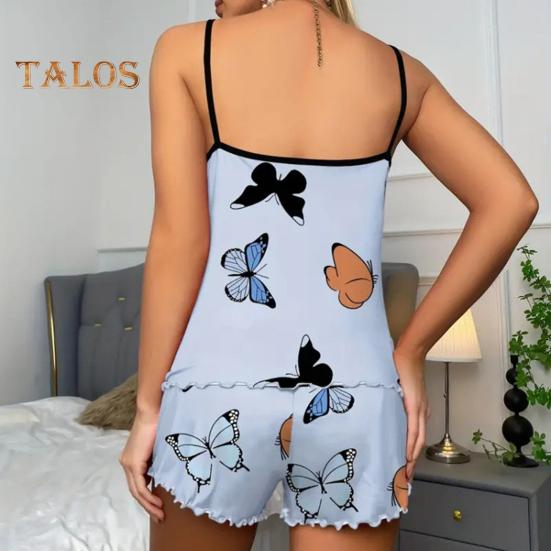 2db/szett Lady Homewear felső rövidnadrág öltöny Butterfly Print Ujjatlan, hát nélküli mellény Rugalmas magas derekú rövidnadrág Camis Shorts Outfit Lady Summer