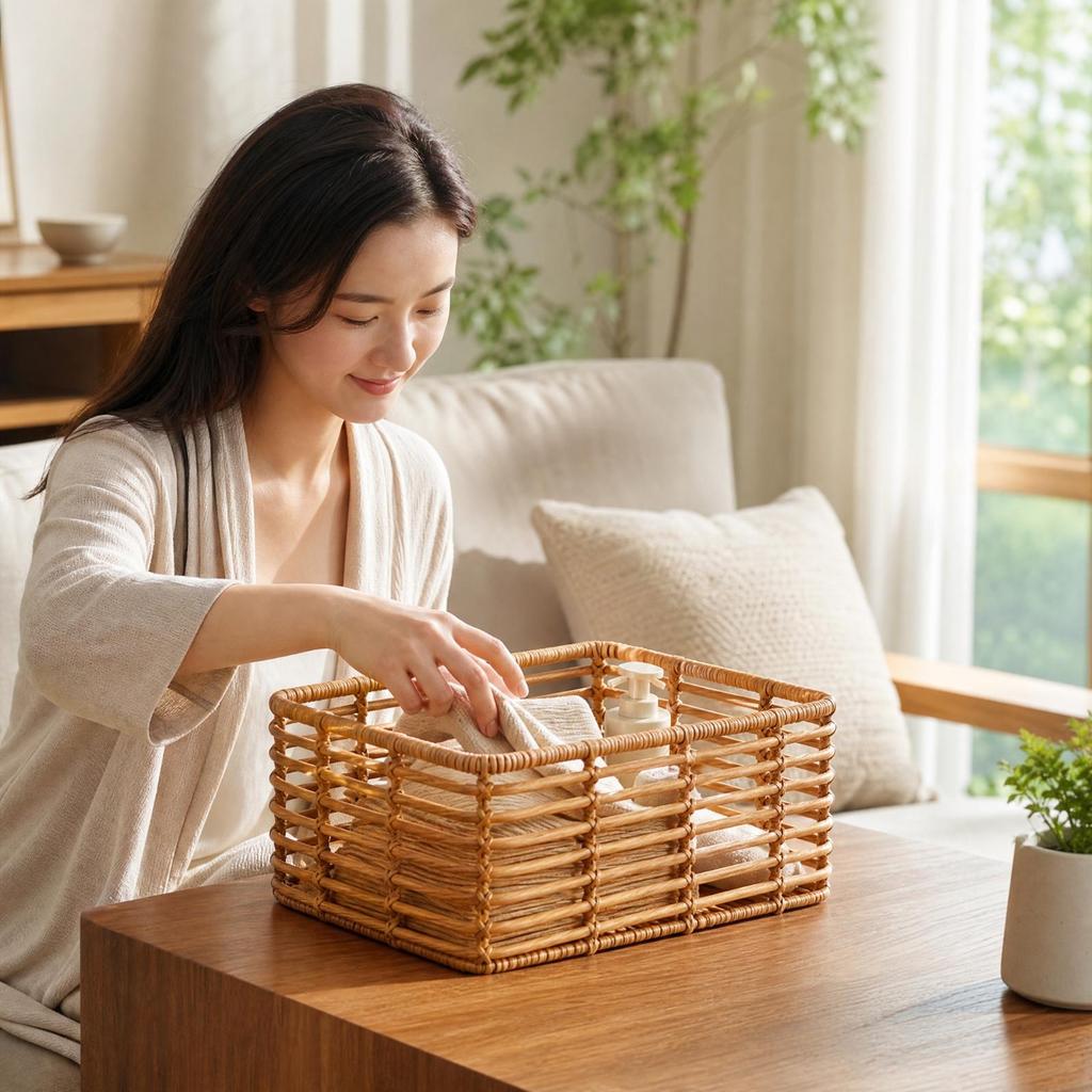 PE Rattan-Style Storage Basket Decorative Rectangular Woven Organizer Easy To