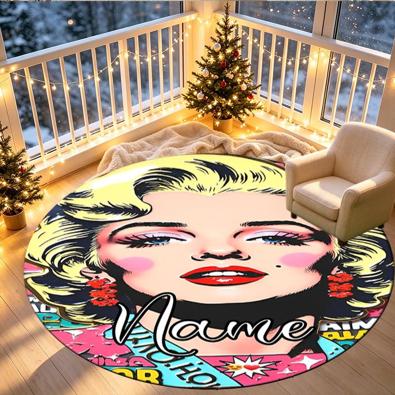 Custom Name Personalized Marilyn Monroe Print Round Rug, Versatile Home Decor Carpet, for Playroom, Apartment, Balcony, Entryway, Hallway Gift