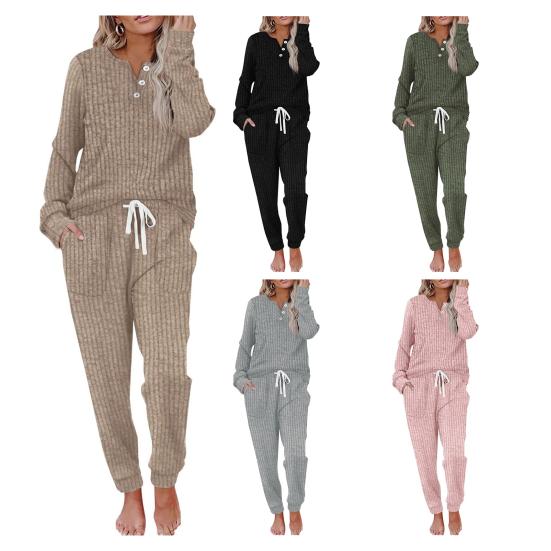 Women's Ribbed Knit Outfits 2 Piece Long Sleeve Pajama Set Fall Casual Sweatshirt And Joggers Lounge Set