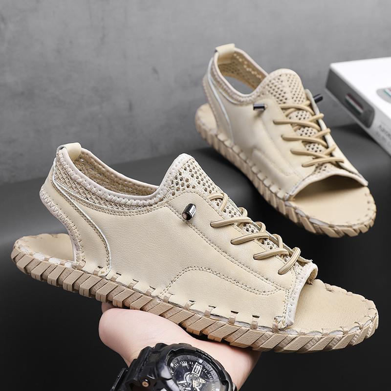 Summer Flat Designer Peep Toe Sandal Outdoor Men Anti Slip Casual Leather Beach Shoe Breathable Half Drag Hand-stitching Slipper