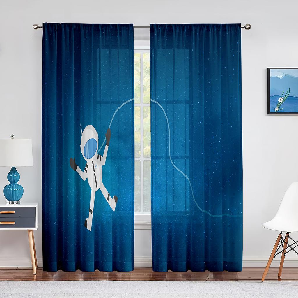 Cartoon Outer Space Astronaut Planet Sheer Voile Curtains for Living Room Bedroom Kitchen Decor Chiffon Tulle Window Curtains