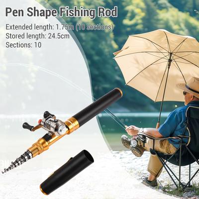 Caneta de pesca telescópica portátil de bolso de 1,95 m em formato de mini caneta e carretel de pesca combinados