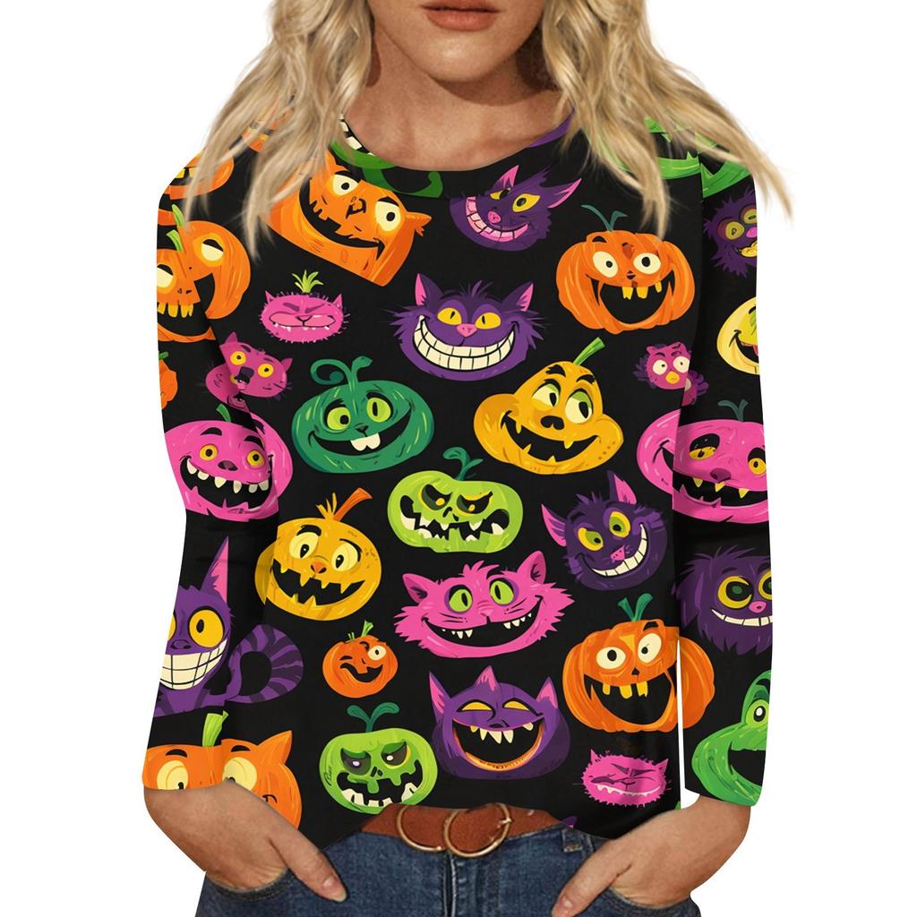 Modisches, lässiges Langarm-Oberteil mit Rundhalsausschnitt und Halloween-Print für Damen