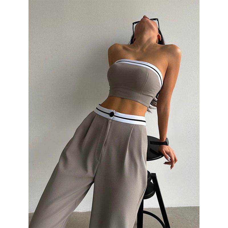 European and American Gyaru Contrast Color Tube Top Vest Wide Leg Pants Set Women Tight and Wide Leg Pants Set