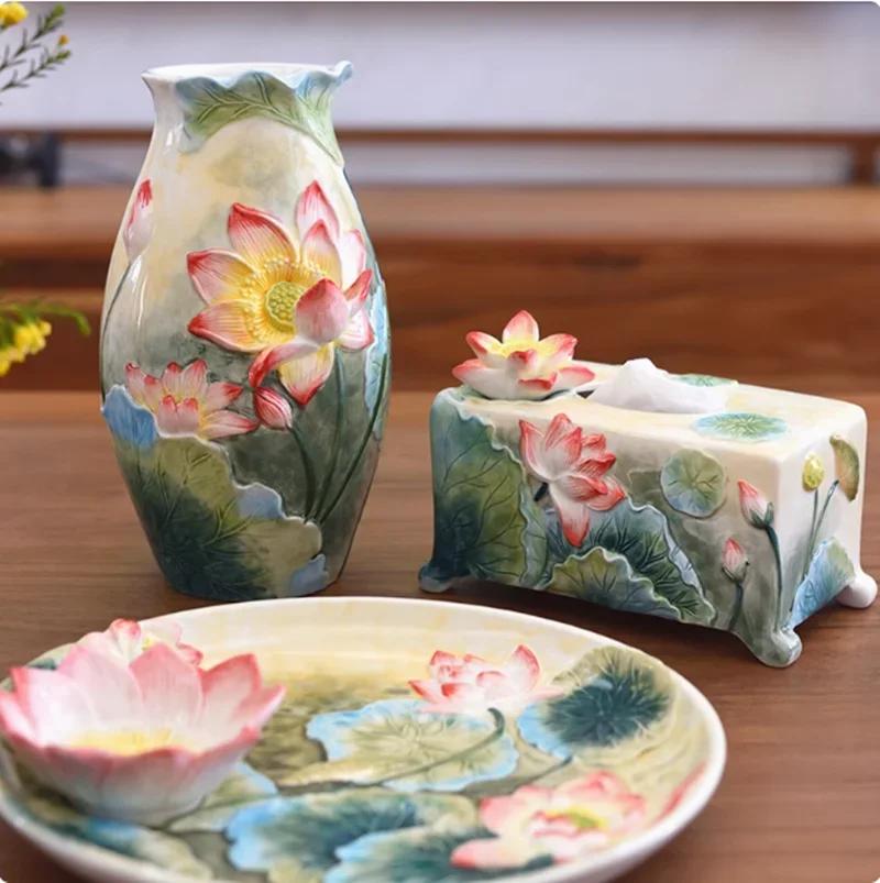 Rural Style Hand-painted Lotus Ceramic Plate, Fruit Plate, Dumpling Plate, Home Decoration Ornaments, Kitchen Storage Tableware