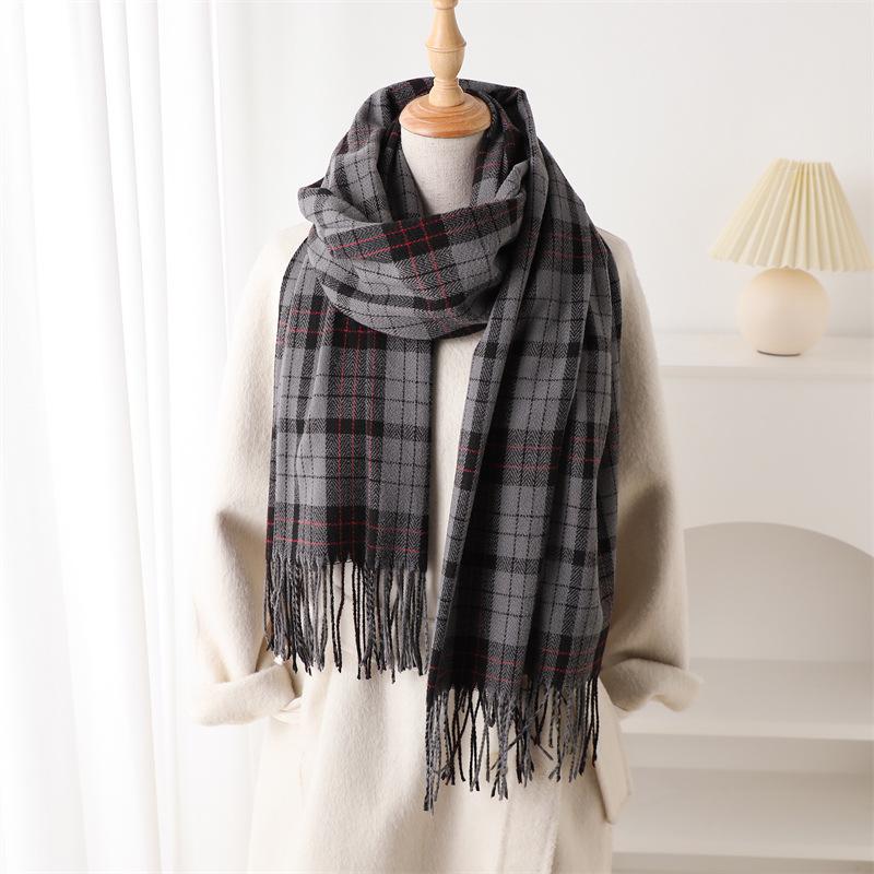 Simple Imitation Cashmere Warm Shawl Scarf Autumn And Winter Fashion High-End Plaid Elegant Rhyme Versatile Fringed Scarf