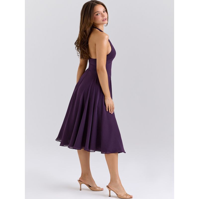 Iris Woolen House Same Style French Style Romantic Purple Temperament Sexy Deep V Backless Hanging Neck Sling Dress