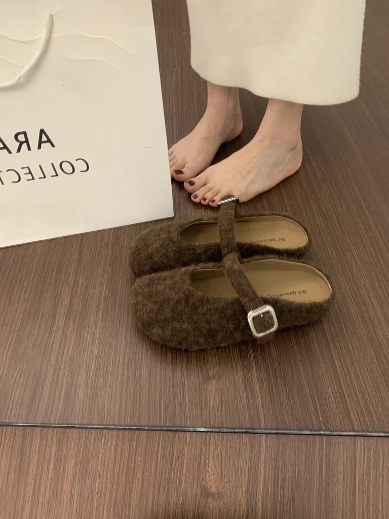 Retro Evening Wind One-word Buckle with Mary Jane Baotou Half Slippers Women's Outdoor Casual Thick-soled Felt Birkenstocks Shoes