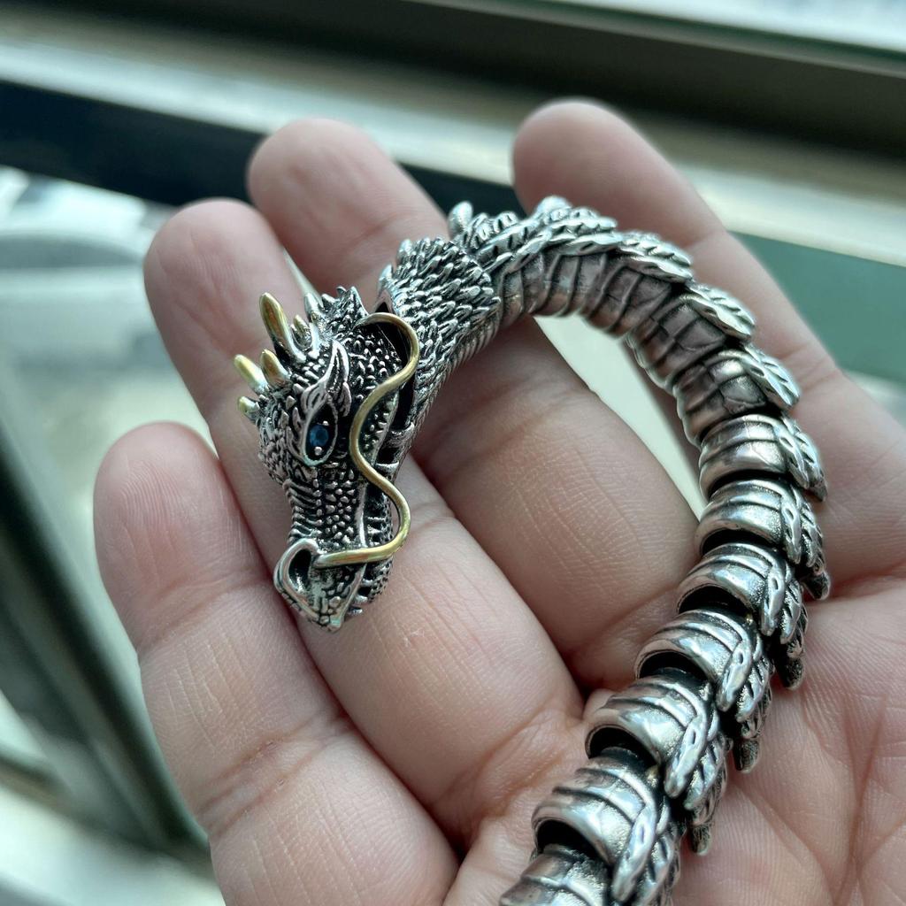 Men's Cross-Border Retro Dragon Bracelet: Punk Style Thai Silver with Sapphire Accents