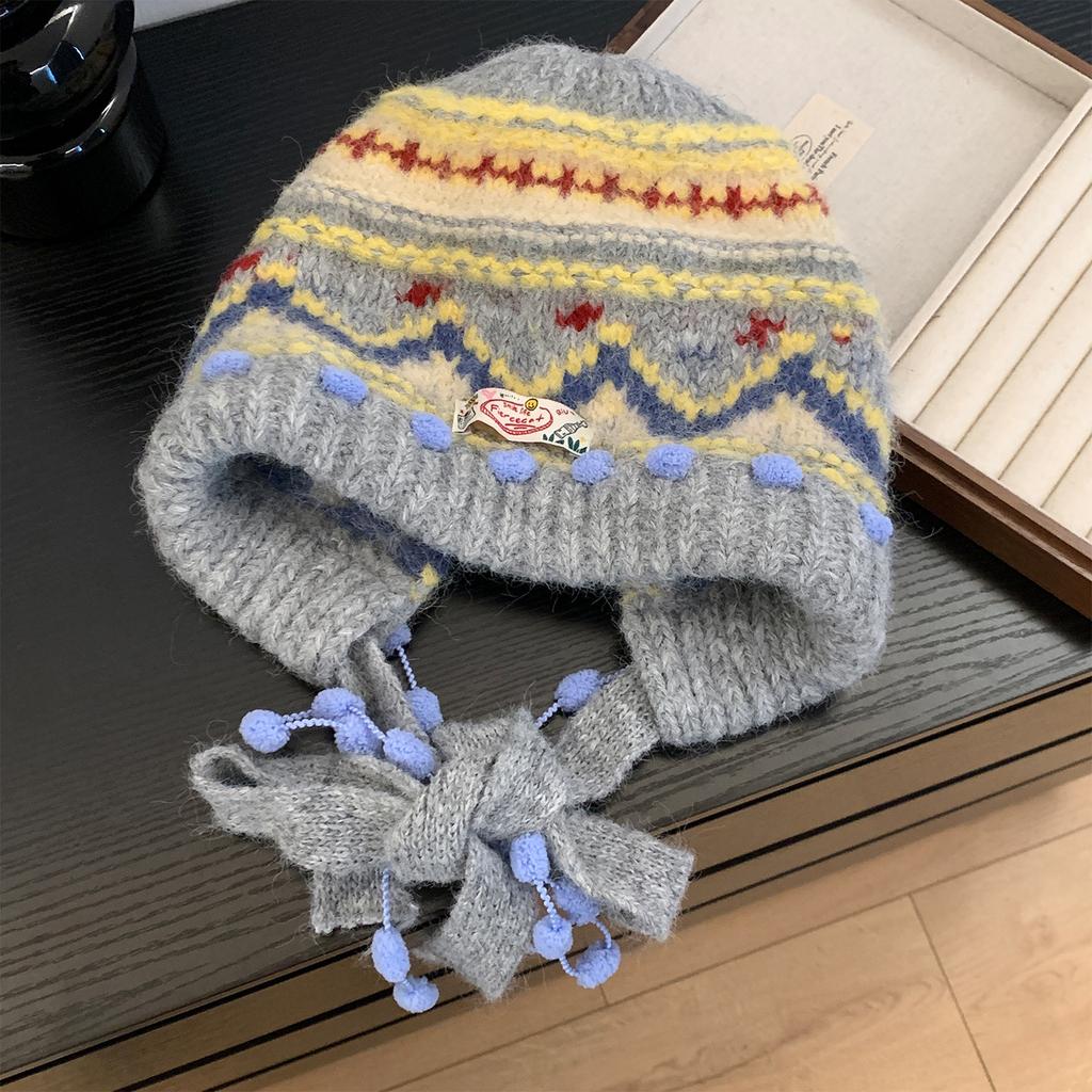 Fair Island contrasting color knitted wool hat women's season versatile big head circumference showing face small ear protection warm pullover hat