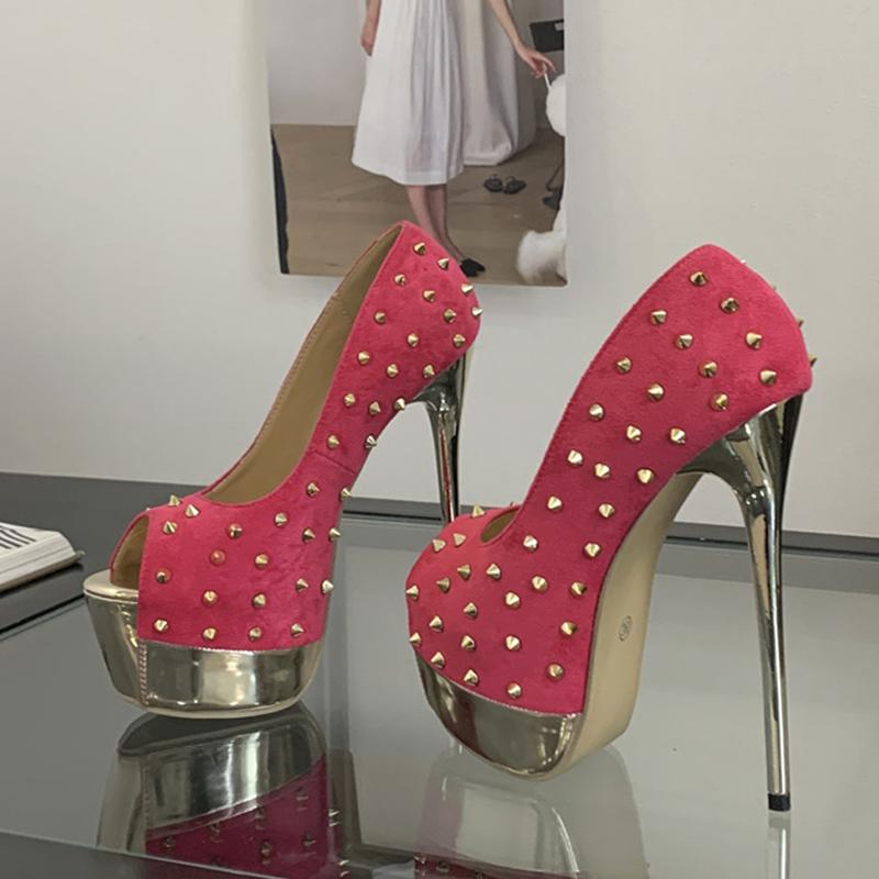 Escarpins à plateforme et bout ouvert de 16 cm, style sexy, avec bride arrière, ornés de rivets métalliques, parfaits pour les mariages et les banquets.