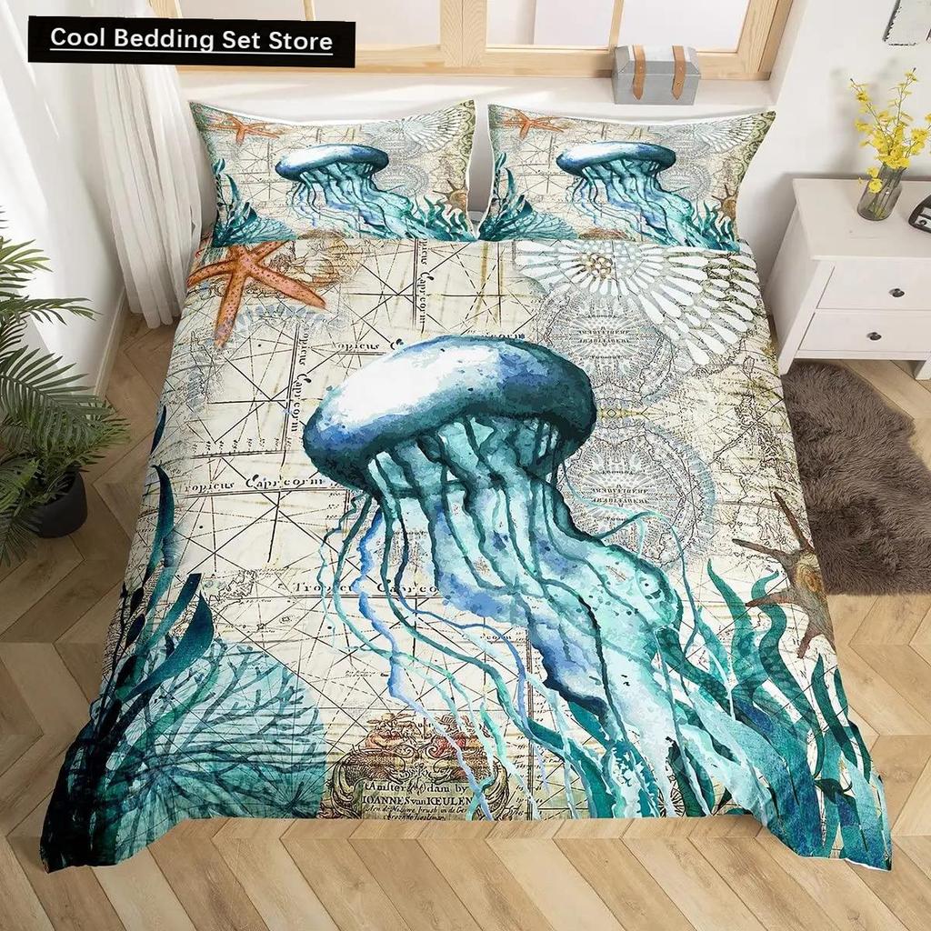 Teal Comforter Cover King Queen Ocean Spanish Mackerel Duvet Cover Nautical Underwater World Marine Life Polyester Bedding Set