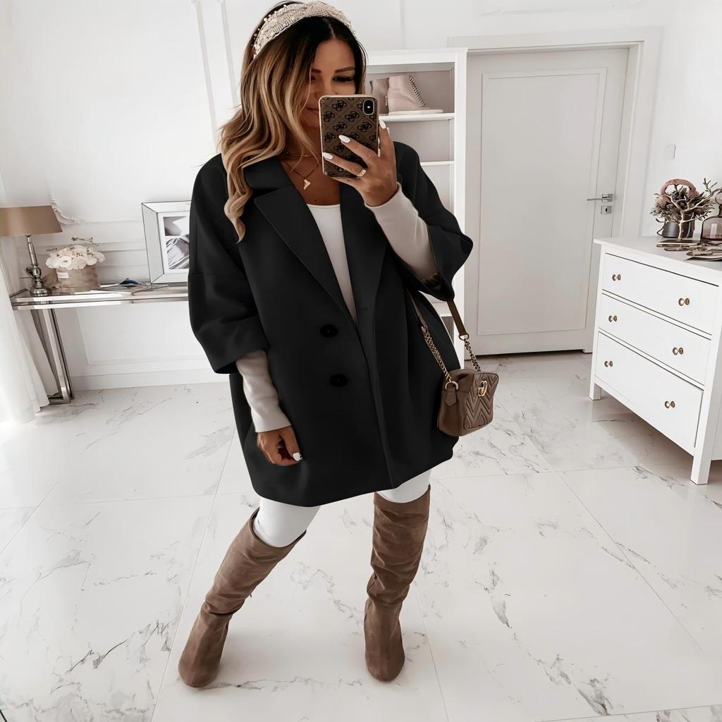 Lady Elegant Turn-down Collar Button Woolen Coat Fashion Women Autumn Loose Tops Outerwear Winter Long Sleeve Pocket Jacket